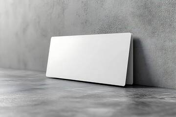 White rectangular sign mockup leaning on textured gray concrete wall

