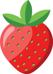 Vector art of a vibrant red strawberry with green leaves and seeds, isolated on a white background