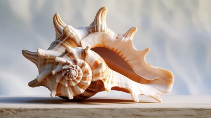 Obraz premium A large ornate seashell with prominent spines rests on a wooden surface