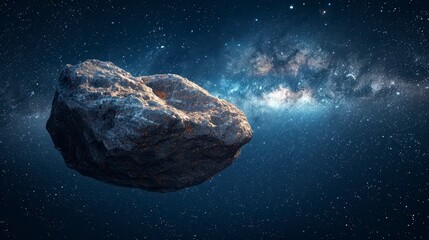 Rock hurtles through deep space with faint light and stars in the background