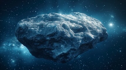 Rough asteroid floats in deep blue space filled with blurred stars and nebula clouds
