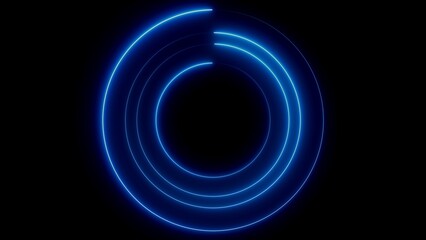 Abstract blue neon glowing circular rings on a black background for modern design