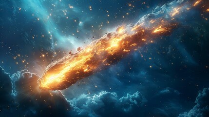 Fiery comet streaks through a cloud-filled, starry night sky, leaving a glowing trail