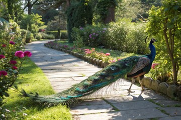 Naklejka premium A peacock is walking on a sidewalk next to a flower garden