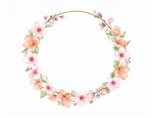 Watercolor Cherry Blossom Wreath with Golden Circle Delicate Pink and Peach Flowers.