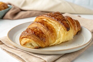 A croissant is sitting on a wooden table with a napkin underneath it