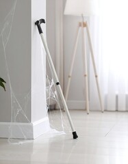A white walking cane leans against a wall corner, surrounded by a spiderweb