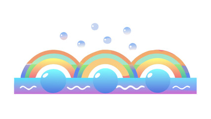 Three rainbows and bubbles over a gradient platform with three spheres in a cartoon style design