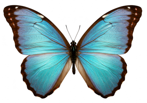 A vibrant blue morpho butterfly with detailed wings, captured in flight against a pure transparent background