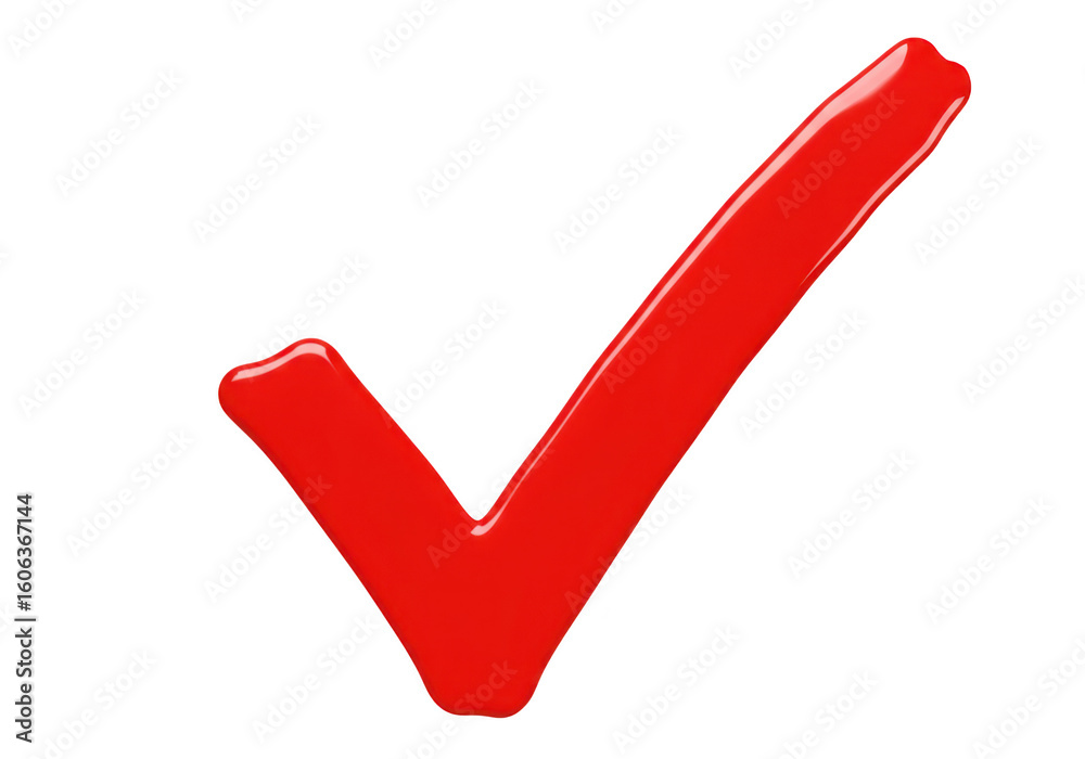 Poster a glossy red check mark isolated on transparent background signifies approval and validation