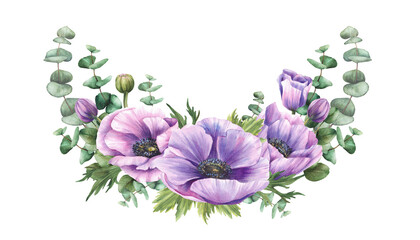 Anemone with eucalyptus plant bouquet. Purple flowers and green leaves Watercolor semicircular design. Silver dollar branches and Windflowers Pink buds floral card Isolated Hand drawn illustration.