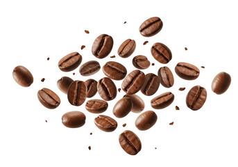 Obraz premium Aromatic roasted coffee beans are scattered on a white surface, isolated on transparent background
