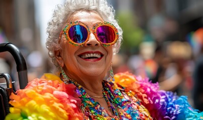 Joyful Pride Parade: Vibrant senior wheelchair-using drag queen celebrating diversity during New York City Pride Parade, Generative AI