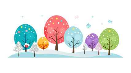 Colorful winter scene with trees covered in snow and snowflakes falling in a whimsical landscape