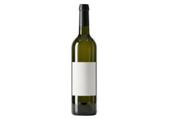 A green glass wine bottle with a blank white label stands isolated on a transparent background