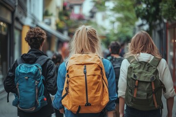 Rear view of a group of young businesspeople walking up the stairs, symbolizing ambition and success in a modern office setting, Generative AI