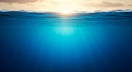 Obraz premium Underwater Ocean Sea Sunlight Rays of light Deep blue Water surfacWaves Abstract water Marine Natural light Blue ocean Horizon (water