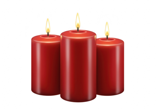 Three red candles with flickering flames are isolated on transparent background, creating a warm and inviting ambiance