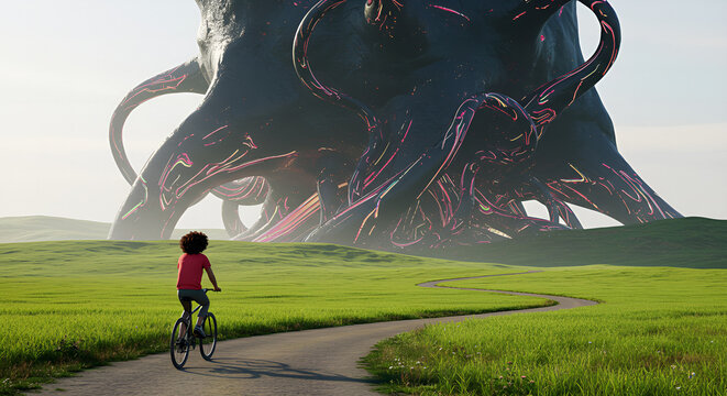 Fantasy landscape
Sci-fi landscape
Alien structure
Organic architecture
Woman biking
Bicyclist
Cycling
Green hills
Lush landscape
Abstract structure
Future
Exploration
Nature and technology (or aliene
