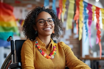 Happy disabled lesbian black woman in wheelchair celebrating pride in LGBTQ+ friendly office with rainbow flags.  diversity and workplace acceptance, Generative AI