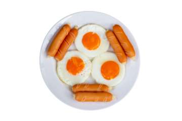 Top view of fried eggs and sausage in plate isolated on white background included clipping path.