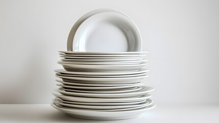 Obraz premium Stack of clean white dishes on white surface, creating minimalist and organized look