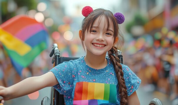 Happy young disabled Asian girl in wheelchair celebrating pride month, participating in pride festival parade, showcasing equality and inclusion, Generative AI