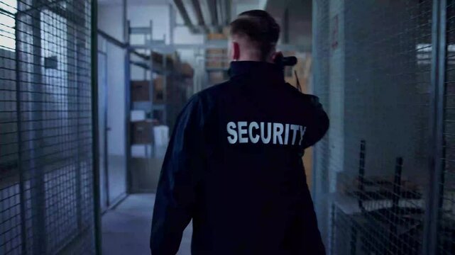 Security Guard Officer With Flashlight Protecting