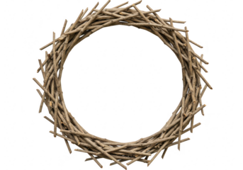 A rustic wreath made of natural twigs forms a circular frame isolated on a transparent background