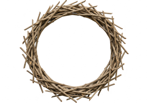 A rustic wreath made of natural twigs forms a circular frame isolated on a transparent background