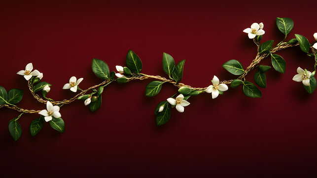 Elegant jasmine and gold threaded garland on rich red background, creating luxurious and sophisticated atmosphere