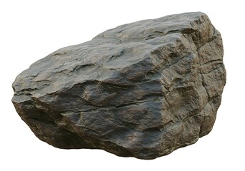 A large dark gray rock with rough texture isolated against a plain white background in a studio shot