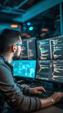 A dedicated it professional intently analyzes code late at night in a dimly lit office, illuminated only by the glow of multiple monitors, showcasing a focused and tech-savvy environment.
