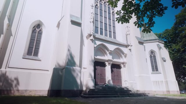 Neo-Gothic architecture of Catholic parish church facade, Ostrava Př&iacute;voz
