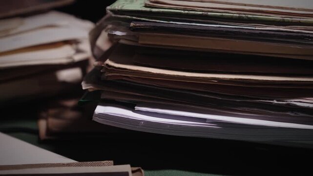 Old historic manuscripts documents clutter desktop in moody lit office