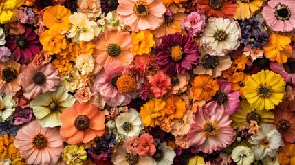 Vibrant floral arrangement, a profusion of dried flowers in various shades of orange, pink, and purple.