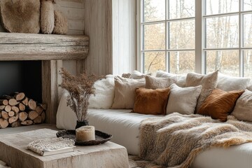 Rustic wooden sofa adorned with pillows and cushions, with a fur blanket placed by a fireplace. Warm and inviting autumn atmosphere, designed in a farmhouse and Nordic home, Generative AI