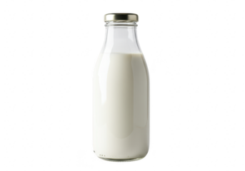 A clear glass bottle filled with fresh white milk, isolated on a transparent background