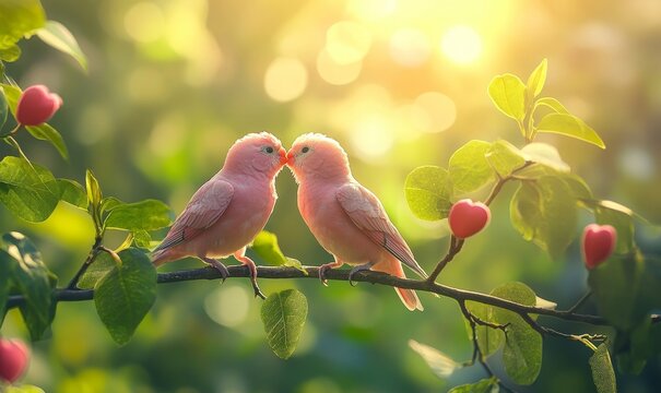 Valentine's Day image of two pink love birds kissing on tree branch under sunny tropical rainforest, symbolizing love and natures beauty, Generative AI