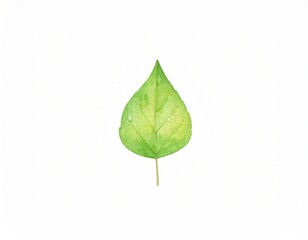 Watercolor Green Leaf with Water Droplets on White Background.