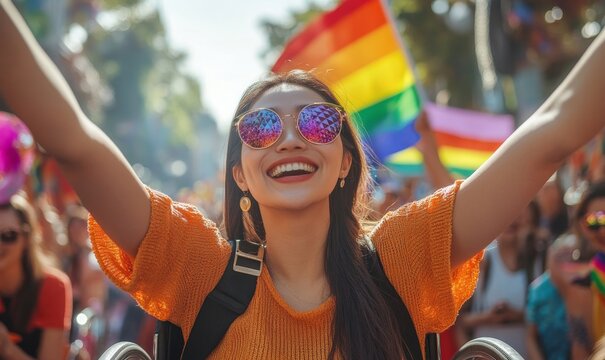 Happy disabled Asian female businesswoman in wheelchair celebrating LGBTQ+ rights during pride parade, fostering inclusivity and acceptance, Generative AI