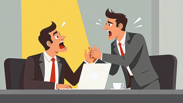 Conflict in the workplace, arguing and fighting, conflict among office worker, employee. Angry argument or disagreement vector illustration. Colleagues having debate or misunderstanding