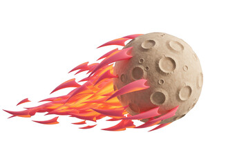 A 3d illustration of a fiery meteor with a textured surface and a long, dynamic flame tail isolated on transparent background