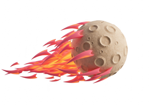 A 3d illustration of a fiery meteor with a textured surface and a long, dynamic flame tail isolated on transparent background