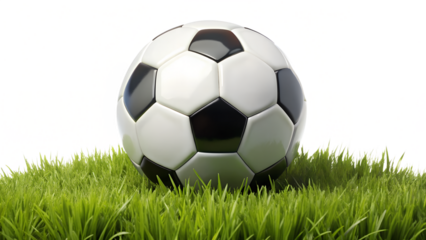 A classic black and white soccer ball rests on lush green grass, isolated on a transparent background