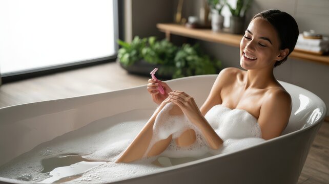 Smiling woman in bath, enjoying self-care shaving routine