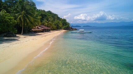 Tranquil tropical beach with a small hut and boat. Crystal-clear turquoise water laps the soft white sand. Lush green tropical vegetation lines the shoreline.