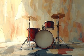 Drum set mockup with red drums on pastel geometric wall

