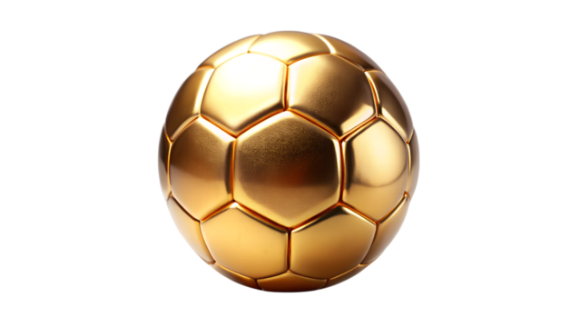 A gleaming golden soccer ball sits isolated on a clean transparent background, symbolizing victory and achievement