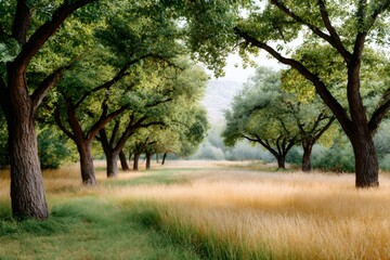 Fototapeta premium Lush green trees creating a shady path in a field of grass